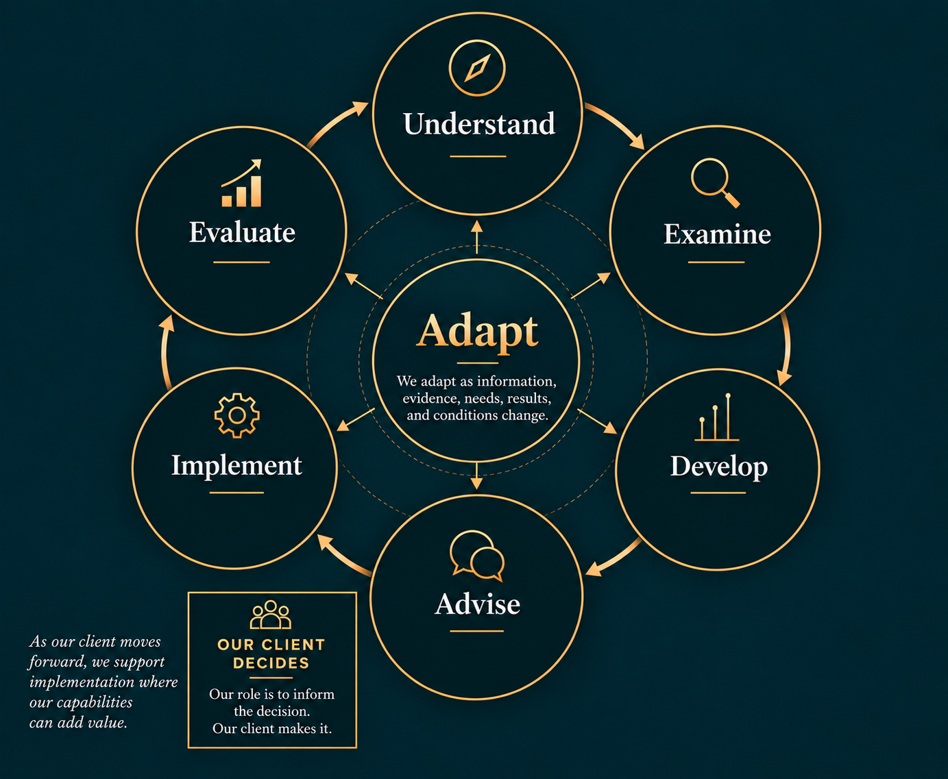 Resiliency Solutions approach model showing Understand, Examine, Develop, Advise, Implement, and Evaluate surrounding Adapt, with the client decision point outside the process between Advise and Implement.